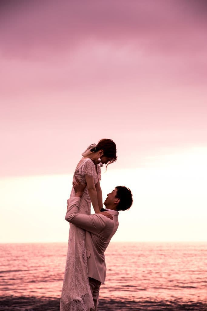 フォトウェディング 海撮影 夕焼けフォト 夕日フォト 結婚式前撮り 結婚式用 ムービー 写真 上越 オーツー