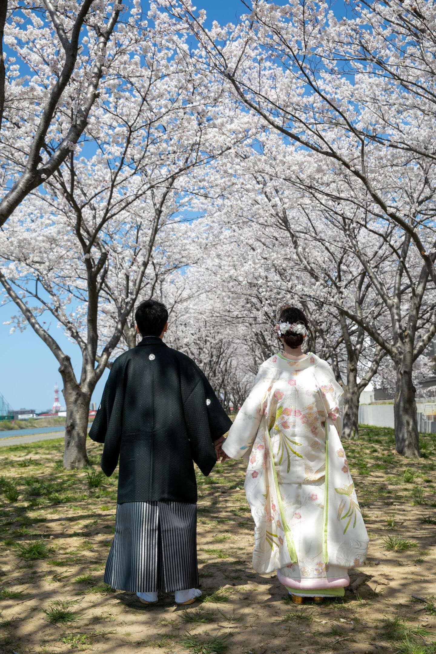 上越市　桜フォト　桜ウェディング　和装　結婚式前撮り　フォトオフィスオーツー　アンジーメレ